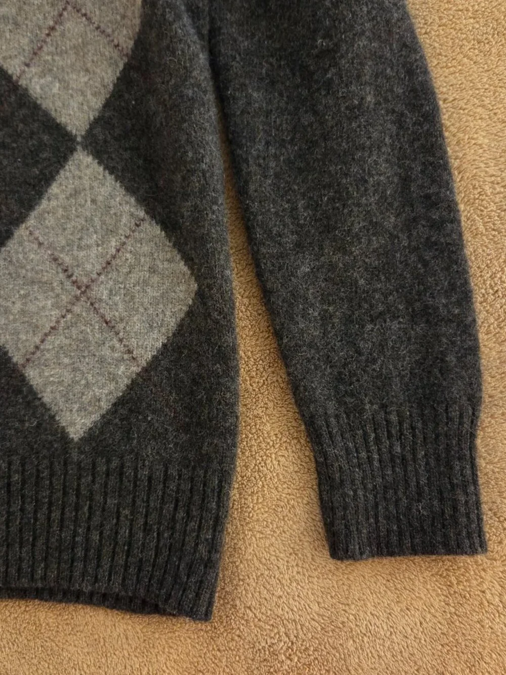 Y2K J Crew Pullover 1/4 Zip Argyle Mock Neck Sweater 100% Lambswool Mens S Brown